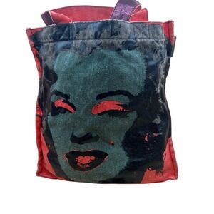 Andy Warhol Marilyn Monroe Red Canvas Tote Bag Pop Art Graphic Metallic Handles